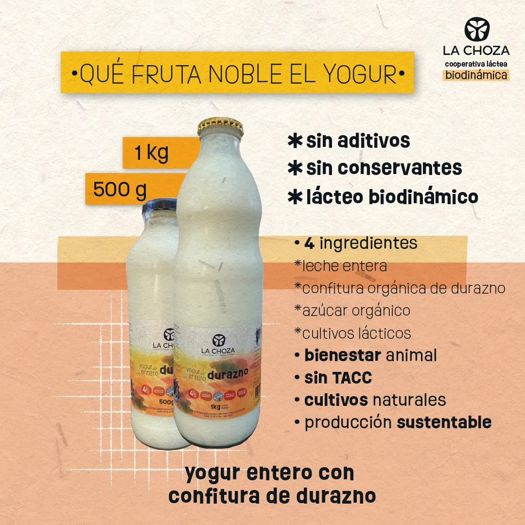 Yogurt Natural Entero Saborizado 1L “La Choza” DURAZNO
